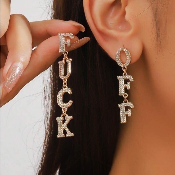 Gold Rhinestone Letter Dangle Punk Fashion F*Uck Off Earrings
